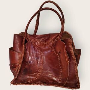 Vtg Hand Crafted Leather Bag Woven Tooled Brown Bullet Holes Western Cowboy RARE